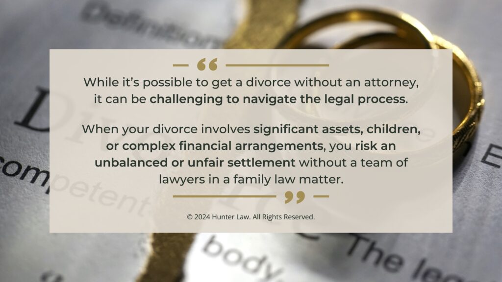 Callout 1: 2 wedding rings on torn paper with word Divorce- quote from text about importance of having a divorce lawyer