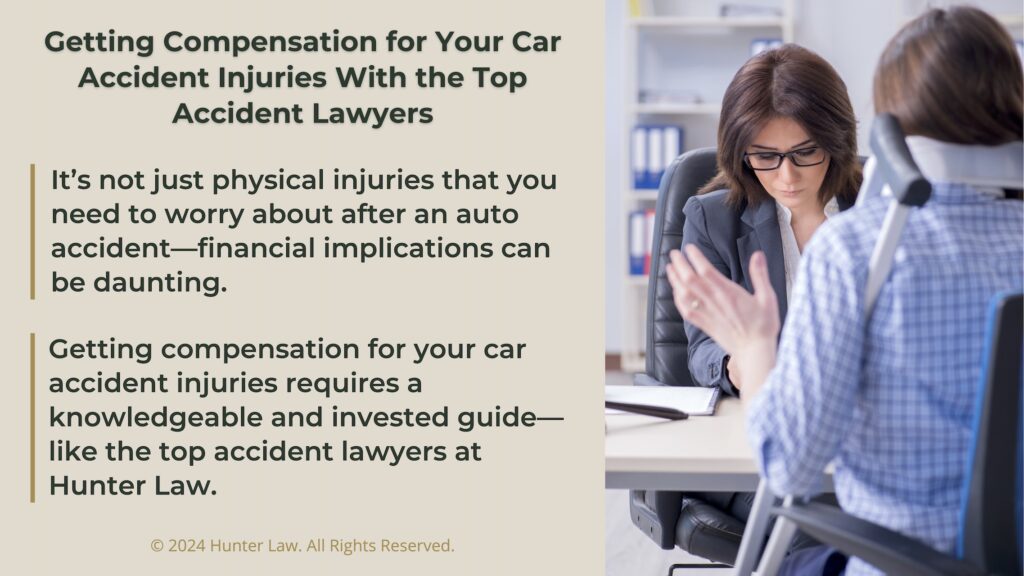 Callout 1: Injured accident victim consulting with lawyer- 2 facts about compensation for car accident injuries
