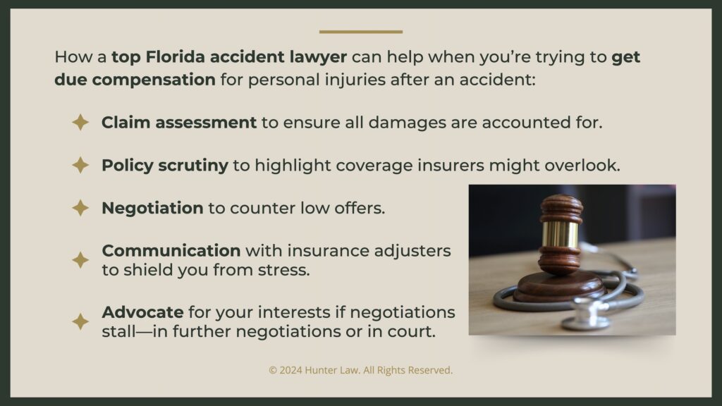 Callout 3: Judges gavel on desk with stethoscope- Five ways a Florida accident lawyer helps with getting compensation for personal injury accidents.