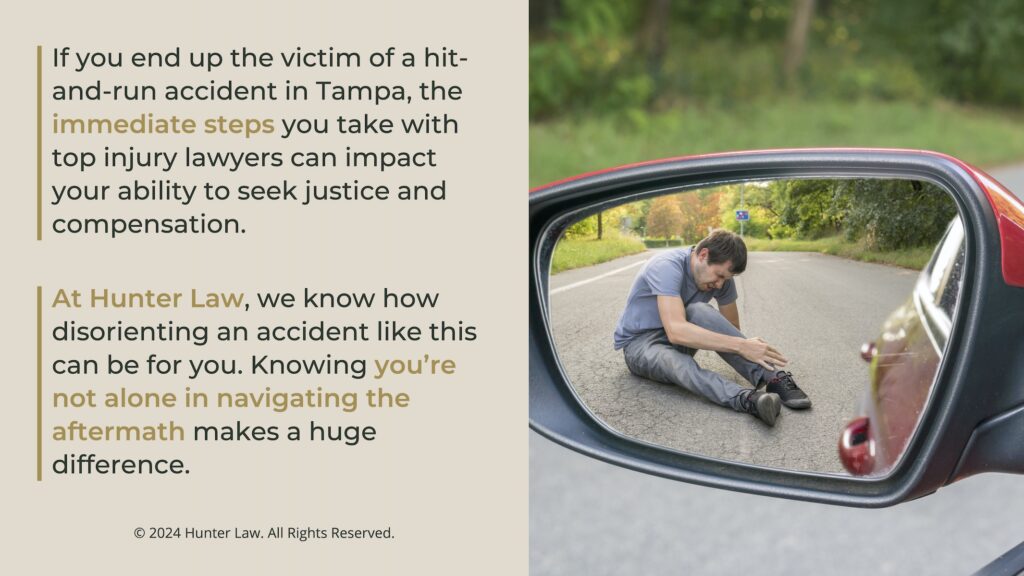 Callout 2: View of injured man on road in rearview mirror of car as it drives away- two immediate steps to take after hit-and-run