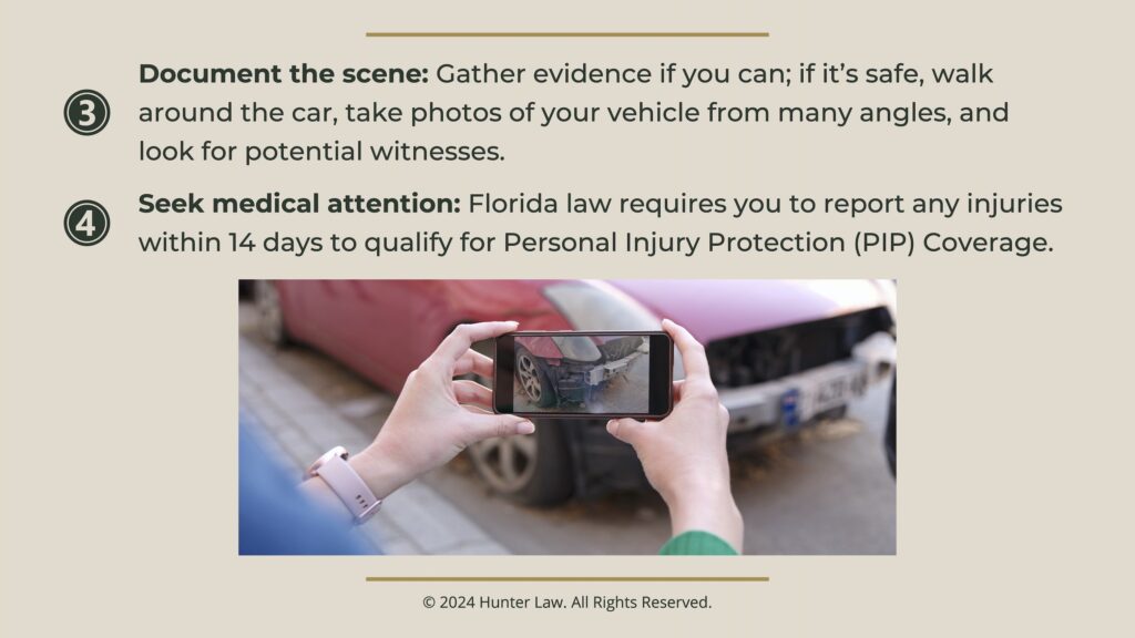 Callout 3: Woman using phone to take photos of damaged car. Two steps after accident- document the scene, seek medical assistance 