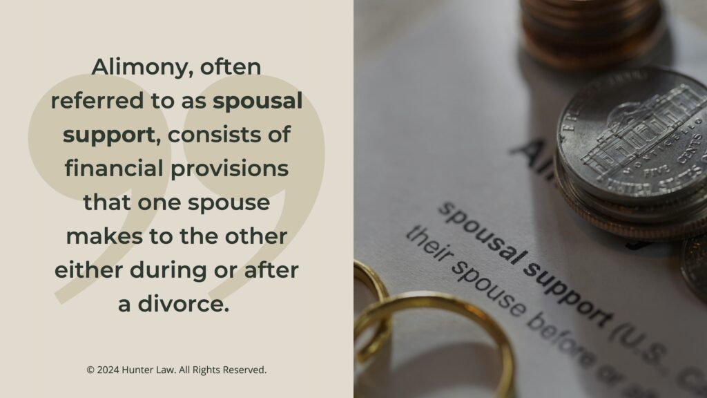 Callout 1: Spousal support definition on paper with two wedding rings- Alimony (spousal support) quote from text.