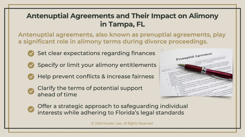 Callout 3: Prenuptial agreement contract, red pen- Antenuptial agreements impacts on alimony- 5 listed.