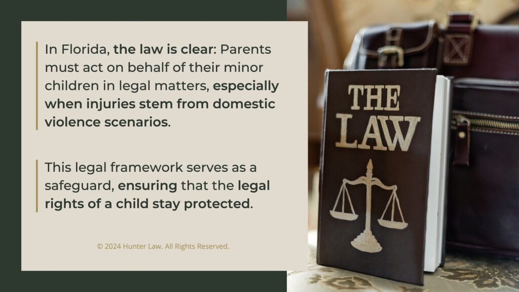 Callout 2: Book of Law with justice scale- two facts about parental responsibility with minor children hurt from domestic violence in Florida.