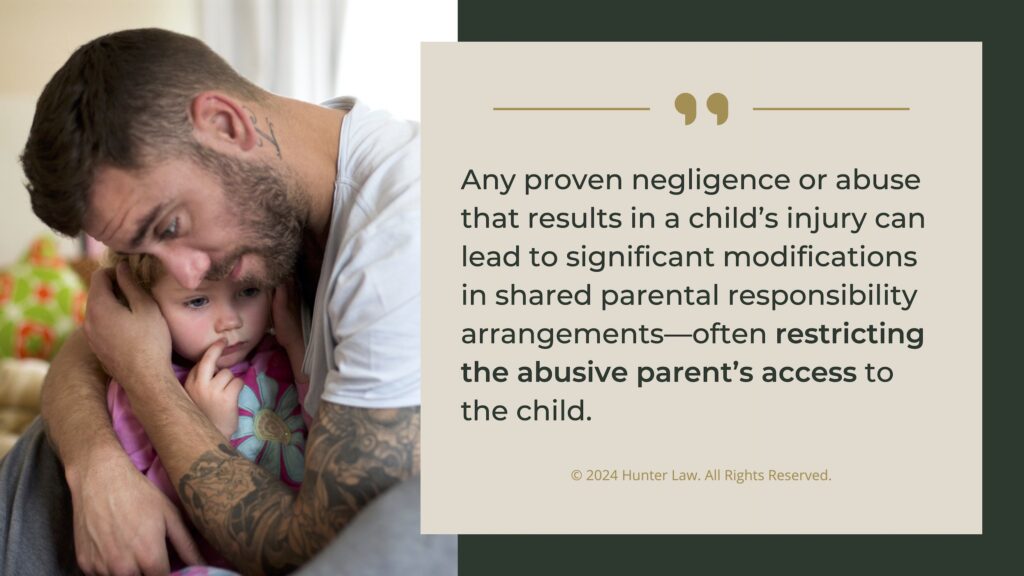 Callout 3: Protective father comforting small child- quote from text about proven negligence or abuse that results in a child's injury.