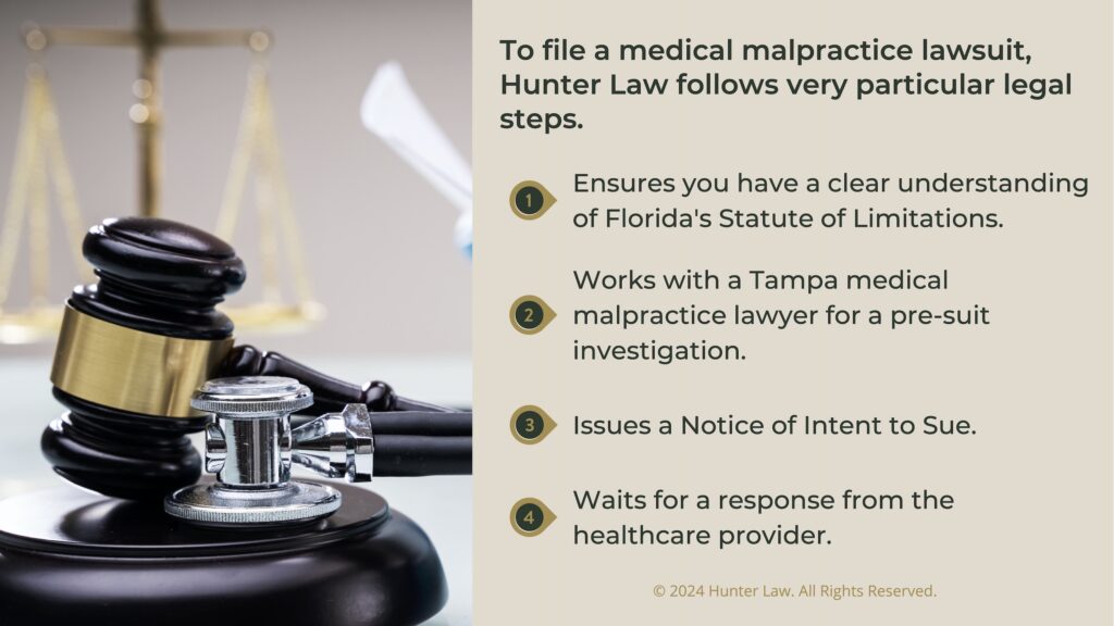 Callout 2: Judges gavel on desk next to stethoscope- 4 steps to file a malpractice lawsuit.