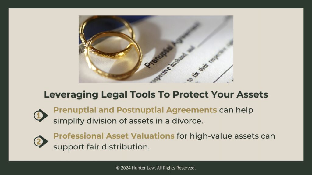 Close-up of prenuptial agreement, 2 wedding rings- Leveraging legal tools to protect your assets.