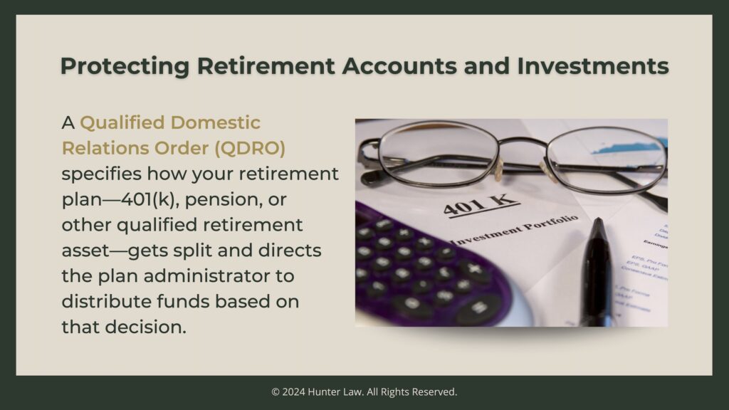 401K document on desk with eyeglasses- Protecting retirement accounts and investments- Qualified Domestic Relations Order definition.