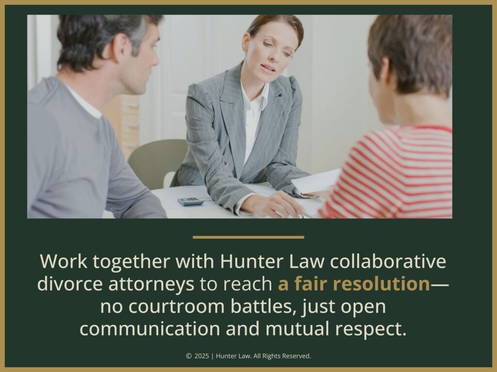 A female divorce attorney consulting a couple in her office- quote from text about a Hunter Law collaborative divorce.