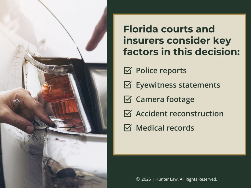 Two hands pointing to front bumper damage from car accident- Florida courts and insurers consider four key factors in determining fault.