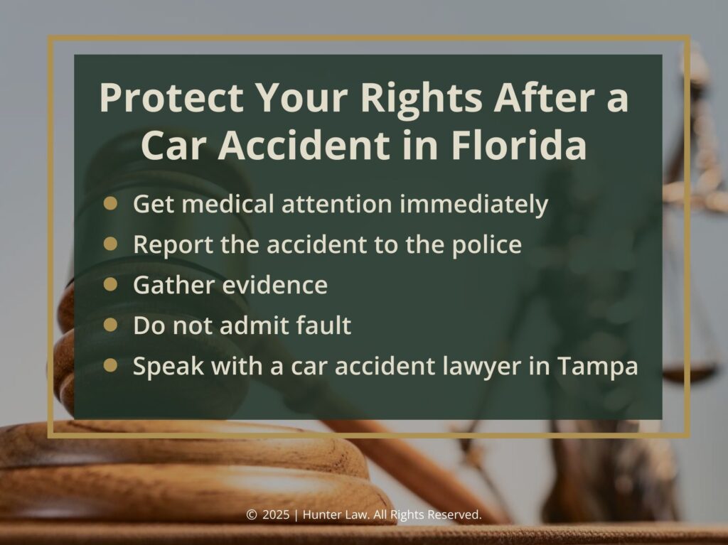 Judges gavel on desk with Lady Justice statue- Five ways to protect your rights after a car accident in Florida.